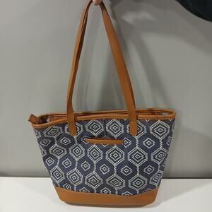 Thirty One Bags Canvas Blue Geometric Print Tote Shoulder Bag Zip Top Medium